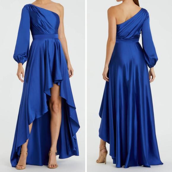 NWT Mac Duggal Dress Gown Blue Silky Long Sleeve One Shoulder Hi-Low Maxi - Picture 1 of 16